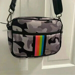 Haute Shore Neoprene Crossbody Bag Grey Black Camo w/ Rainbow Stripe long strap